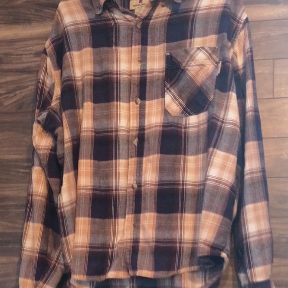 Woolrich Men’s XL Plaid Flannel Shirt 100% Cotton Brown Tan Blue - Picture 7 of 13